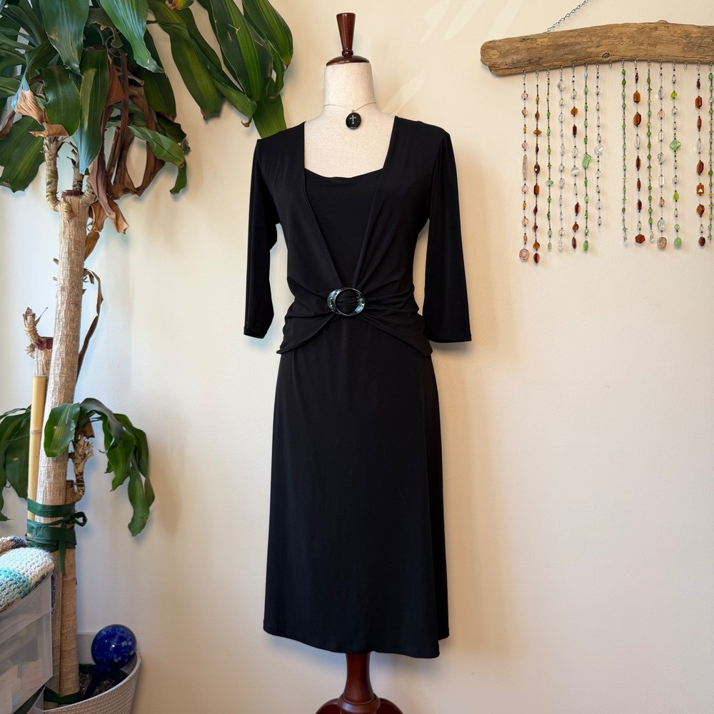 Espresso Vintage 90s Black Faux Wrap O-Ring Slinky Jersey Dress 3/4 Sleeve midi